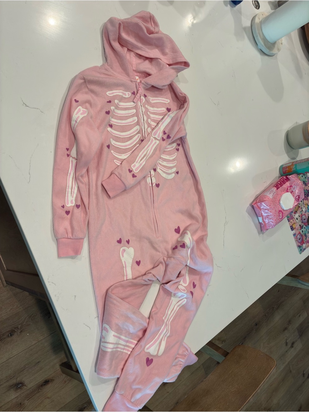 Cat & Jack Pink Skeleton Hooded One-Piece Pajamas